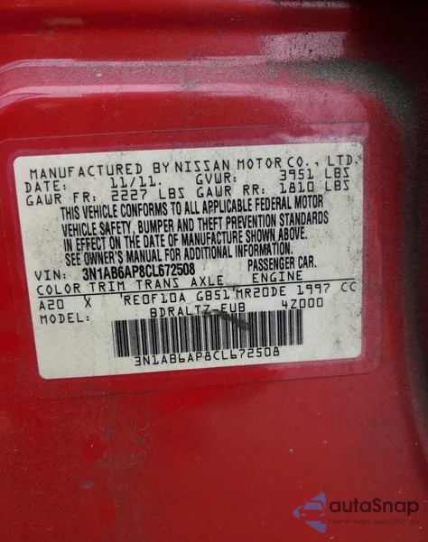 2012 Nissan Sentra 2.0 z USA, uszkodzony, nr VIN 3N1AB6AP8CL672508